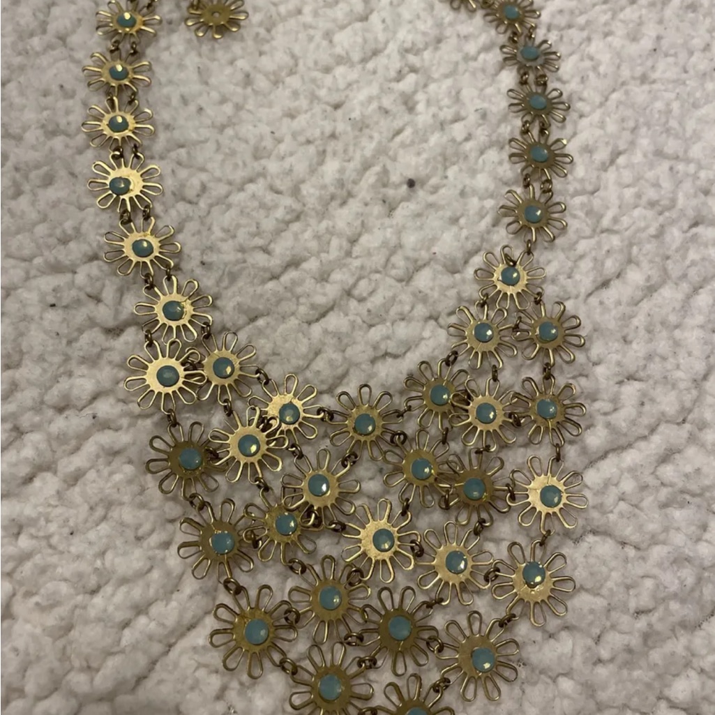 * Lenora Dame Necklace Gold Aqua Statement Bib Adjustable Starburst Fun Vintage